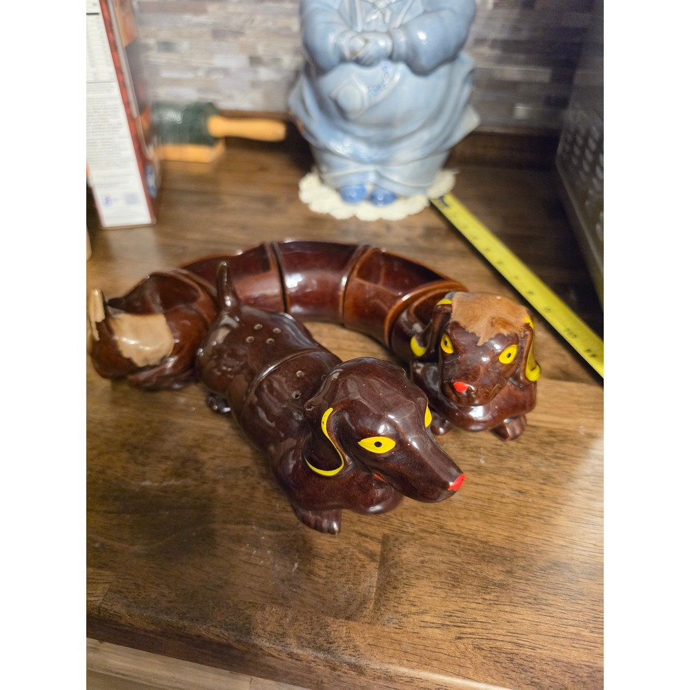 Vintage MCM Ceramic Dachshund Wiener Condiment Server & Salt Pepper Shakers Set